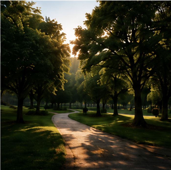 sunlit tree-lined path through a park